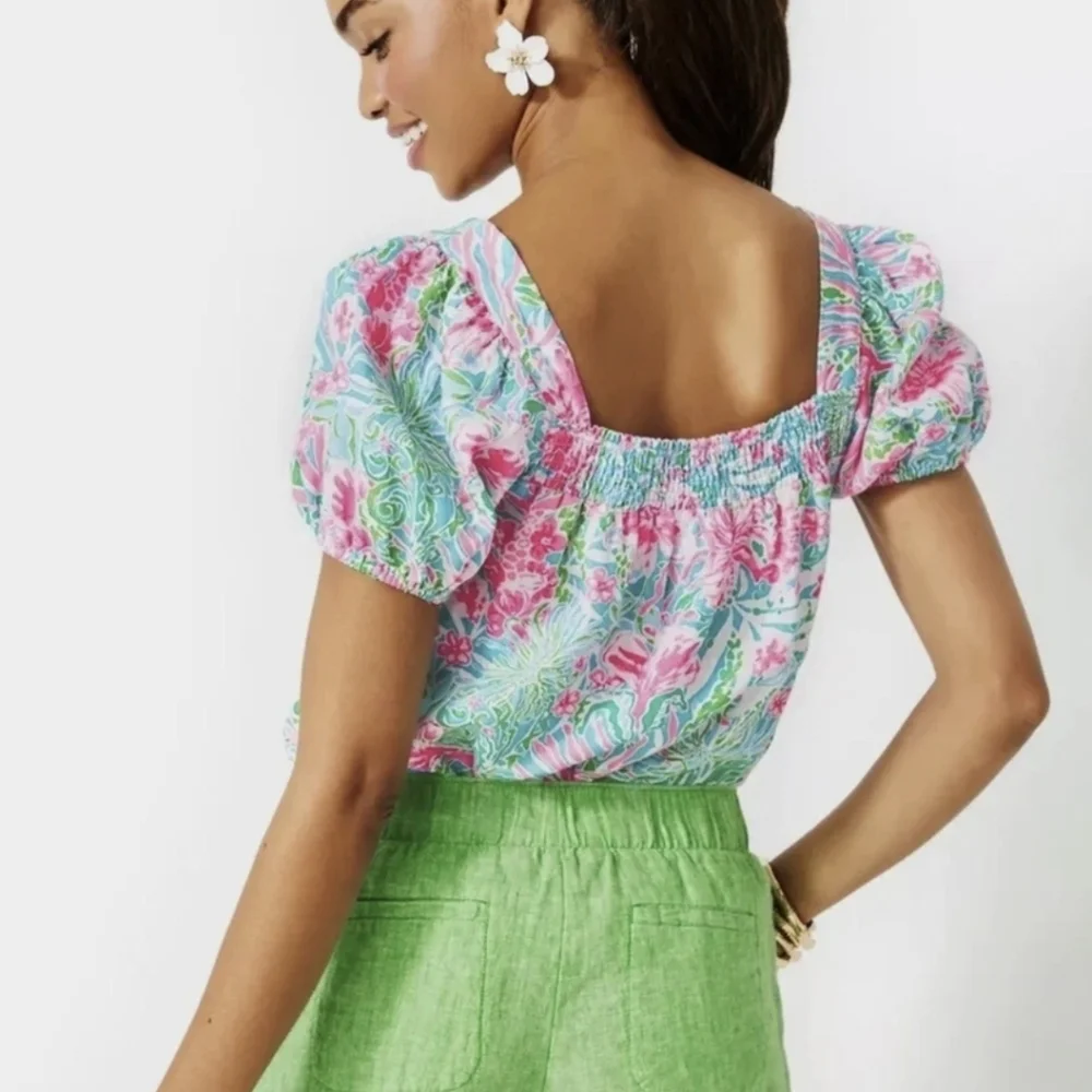 Lilly Pulitzer Keating Linen Pink & Aqua  Puff-Sleeve Square Neck Top SZ.1O - Picture 2 of 10